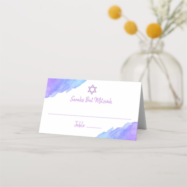 Modern Watercolor Blue Star David Bat Mitzvah #LC Platzkarte (Vorderseite)