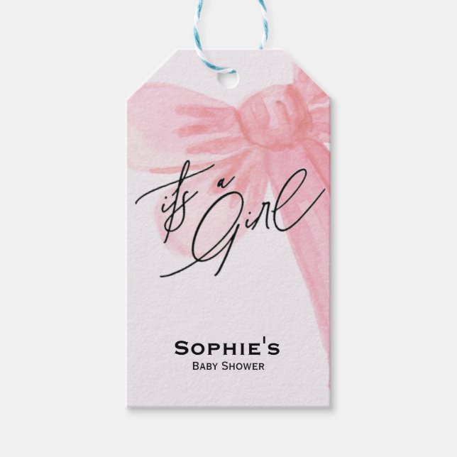 Modern Watercolor Blush Pink Bow It's A Girl Geschenkanhänger (Vorderseite)