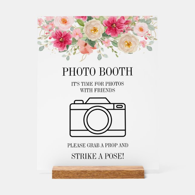 Modern Watercolor Bright Pink Floral Photo Booth  Acrylschild (Vorderseite)
