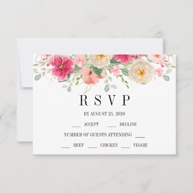 Modern Watercolor Bright Pink Floral Wedding RSVP Karte (Vorderseite)