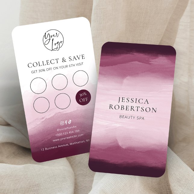 Modern Watercolor Burgund Beauty Salon Nails Welln Treuekarte (Burgundy watercolor business loyalty cards with elegant serif fonts, custom discount & your logo)