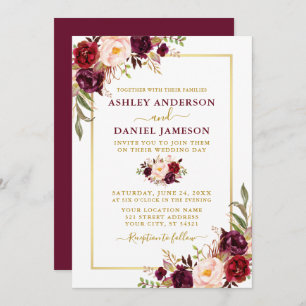 Modern Watercolor Burgundy Floral Gold Wedding Einladung