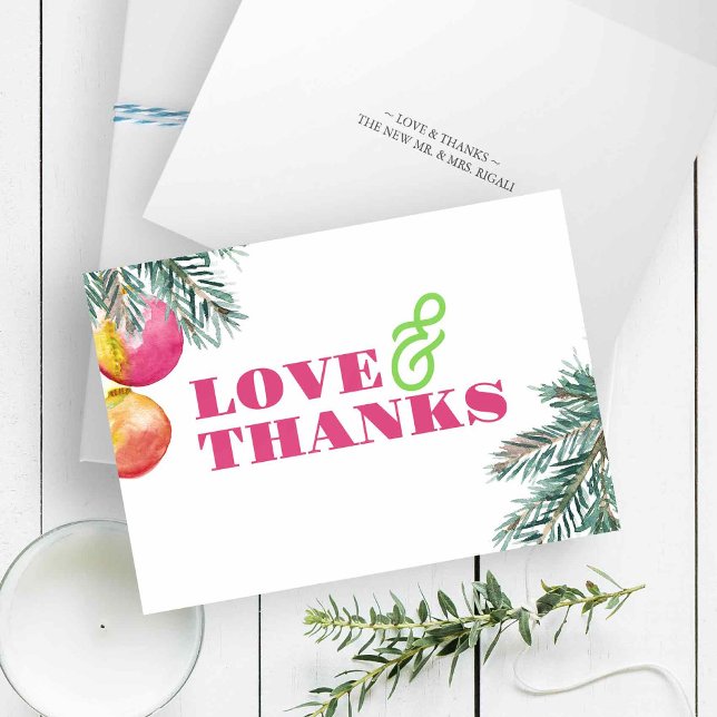 Modern Watercolor Christmas Danke (Folded Christmas thank you cards with watercolor pine boughs and pink baubles for pinkmas)