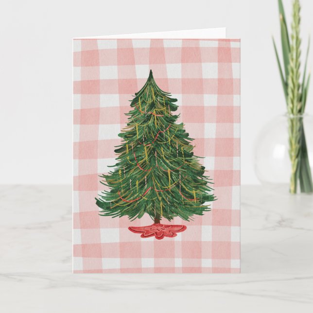 Modern Watercolor Christmas Tree Pink Gingham Card Karte (Vorderseite)