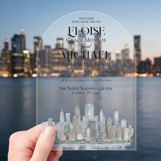Modern Watercolor City Skyline Destination Wedding Acryleinladungen (Invite guest to your scenic wedding day with this Modern Watercolor City Skyline Destination Invite!)