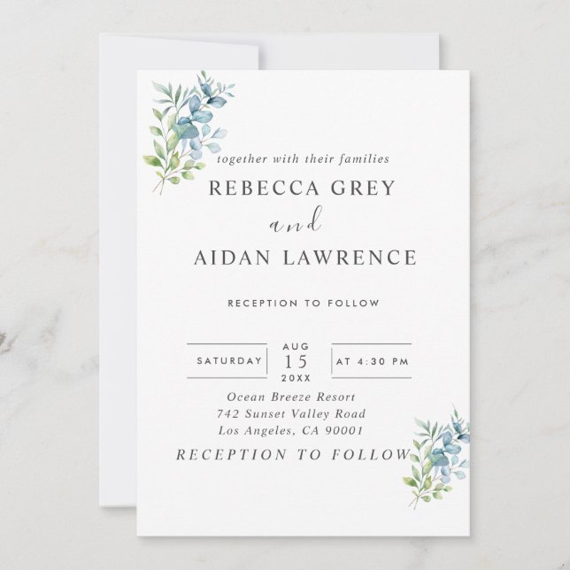 Modern Watercolor Eucalyptus Greenery Wedding Einladung (Vorderseite)