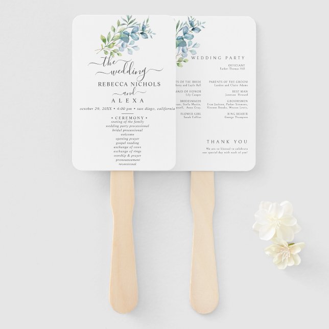 Modern Watercolor Eucalyptus Greenery Wedding Fächer (Vorne und Hinten)