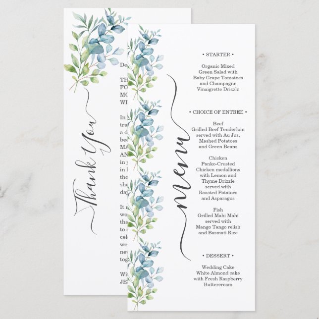 Modern Watercolor Eucalyptus Greenery Wedding Menükarte (Vorne/Hinten)