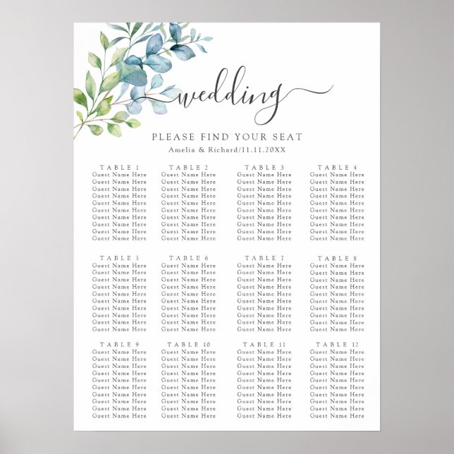 Modern Watercolor Eucalyptus Greenery Wedding Poster (Vorne)