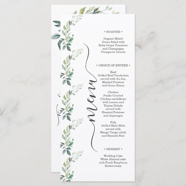 Modern Watercolor Eucalyptus Leaves Greenery Menükarte (Vorne/Hinten)