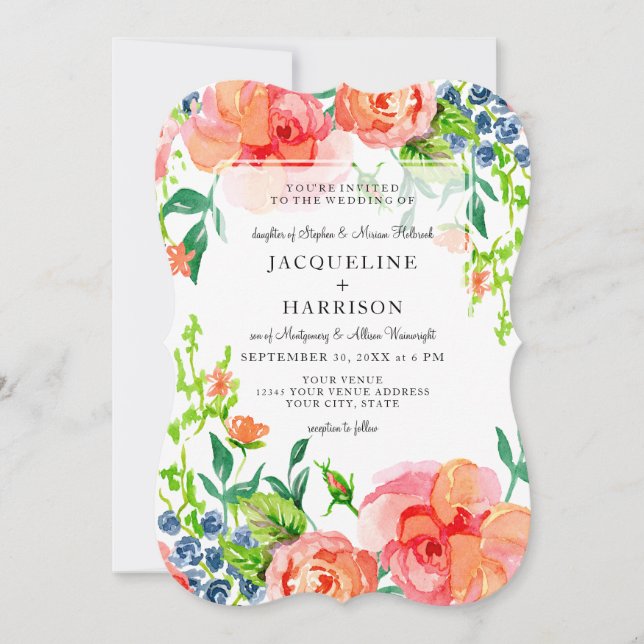 Modern Watercolor Fall Orange Blauer Rose Einladung (Vorderseite)