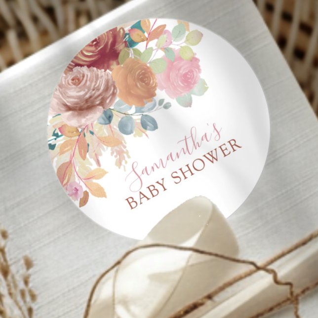 Modern Watercolor Floral Baby Shower  Runder Aufkleber (Von Creator hochgeladen)