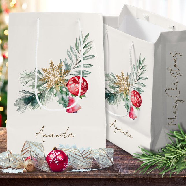Modern Watercolor Foliage Name Frohe Weihnachtsmed Mittlere Geschenktüte (Von Creator hochgeladen)