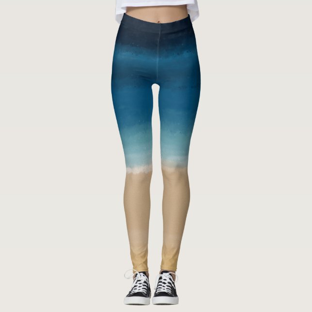 Modern Watercolor Gold Blue Beach Leggings (Vorderseite)