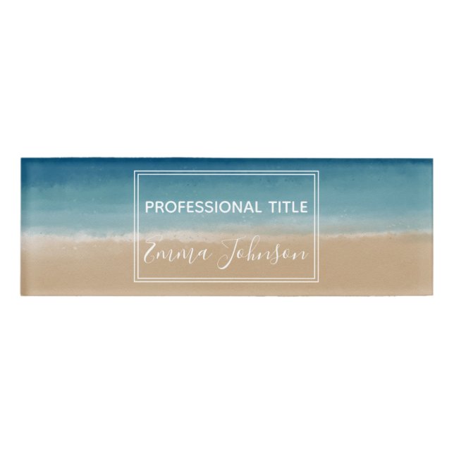 Modern Watercolor Gold Blue Beach Namenschild (Vorderseite)
