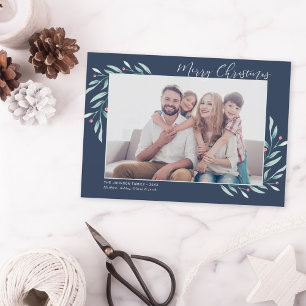 Modern Watercolor Greenery Blue Christmas Photo Feiertagskarte