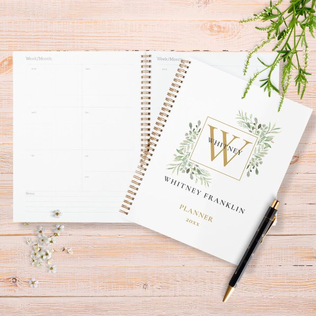 Modern Watercolor Greenery Gold Monogram 2023 Planer (Von Creator hochgeladen)