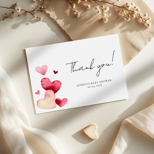Modern Watercolor Hearts Romantic Baby Shower Dankeskarte (Von Creator hochgeladen)