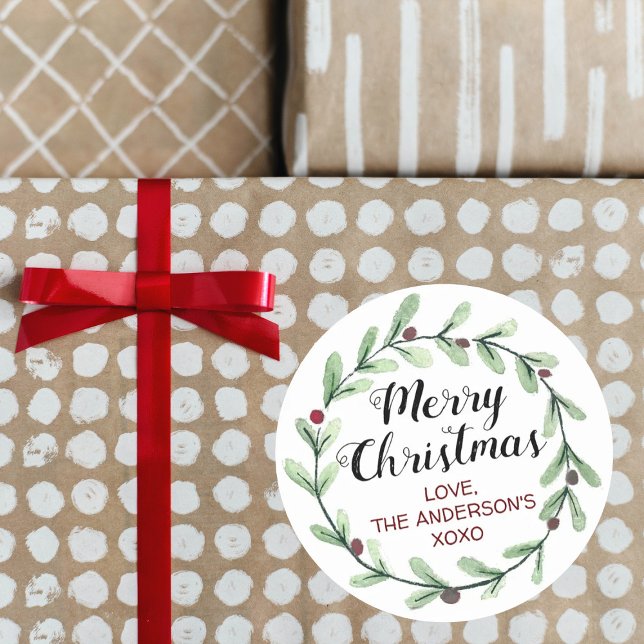 Modern Watercolor Holly Wreath Weihnachten Runder Aufkleber (Von Creator hochgeladen)