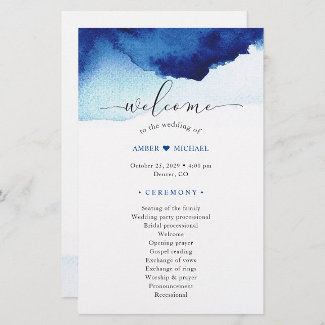 Modern Watercolor Indigo Blue Wedding Program (Vorne/Hinten)