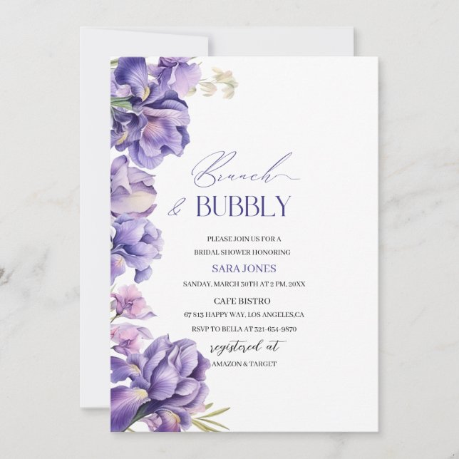Modern Watercolor Iris Lilac Brautparty Brunch Einladung (Vorderseite)