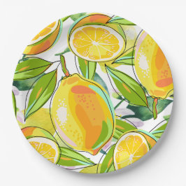 Modern Watercolor Lemon Garden gelb Pappteller