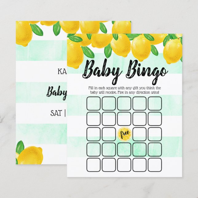 Modern Watercolor Lemon Tree Baby Dusche Bingo (Vorne/Hinten)