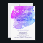 Modern Watercolor Lila Blue Star BAT MITZVAH Einladung<br><div class="desc">Schöne religiöse jüdische Bat Mitzvah Einladungskarten. Helle Aquarellpastellfarben lila,  violett,  blau,  türkisblau mit David-Stern in Weiß. Moderne Pinselstrichskripte 'Wird an die TORAH als Bar Mitzvah gerufen'. Perfekt für 12-jährige Tochter,  Mädchen. Einfach zu bearbeiten - einfach Ihre Informationen / Text hinzufügen.</div>