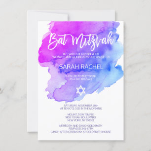 Modern Watercolor Lila Blue Star BAT MITZVAH Einladung