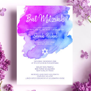 Modern Watercolor Lila Blue Star BAT MITZVAH Einladung