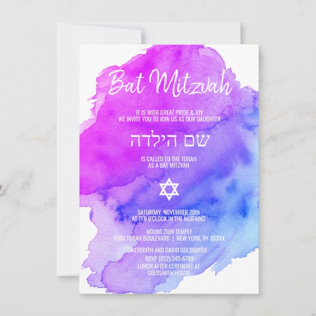 Modern Watercolor Lila Blue Star BAT MITZVAH Inv. Einladung (Vorderseite)