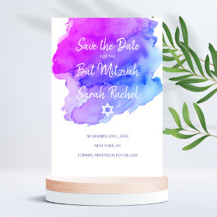 Modern Watercolor Lila Blue Star BAT MITZVAH Save The Date