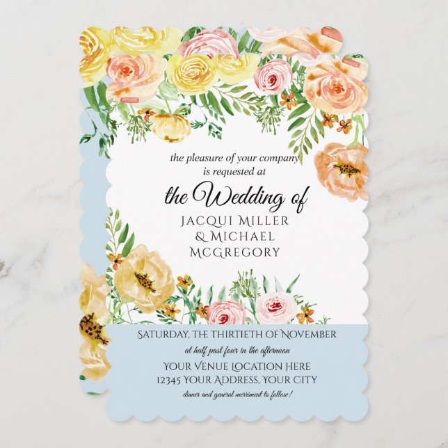 Modern Watercolor Lounge Gelber Pfirsich Blüte Flo Einladung (Vorne/Hinten)