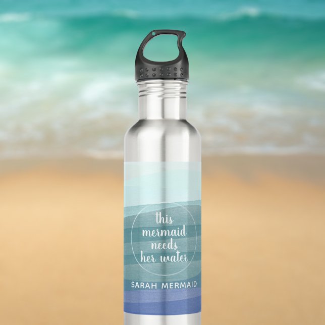 Modern Watercolor Meraid Name Zitat Edelstahlflasche (Add your own quote and name to this watercolor waves water bottle. Keep hydrated!)
