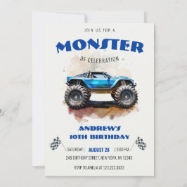 Modern Watercolor Monster Truck Blue Boy Birthday  Einladung