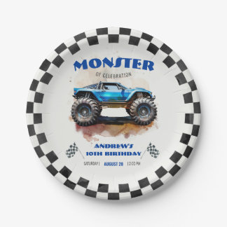Modern Watercolor Monster Truck Blue Boy Birthday  Pappteller
