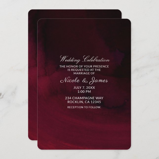 Modern Watercolor Moody Maroon Burgundy Wedding Einladung (Vorne/Hinten)