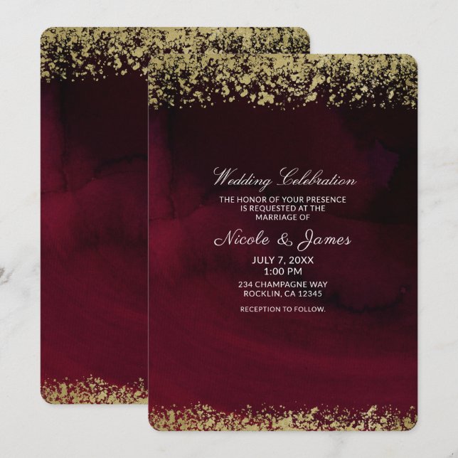 Modern Watercolor Moody Maroon & Gold Wedding Einladung (Vorne/Hinten)