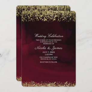 Modern Watercolor Moody Maroon & Gold Wedding Einladung
