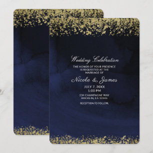 Modern Watercolor Moody Navy Blue & Gold Wedding Einladung