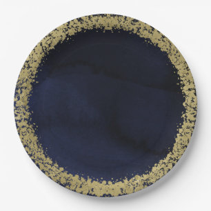 Modern Watercolor Moody Navy Blue & Gold Wedding Pappteller