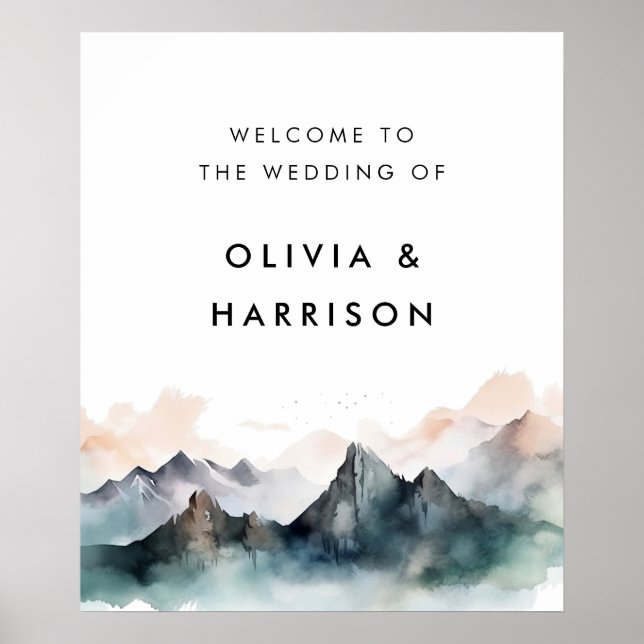 Modern Watercolor Mountain Landscape Wedding Poster (Vorne)