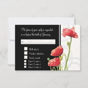 Modern Watercolor Red Poppy Poppies Wirbel Black RSVP Karte