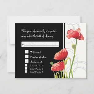Modern Watercolor Red Poppy Poppies Wirbel Black RSVP Karte