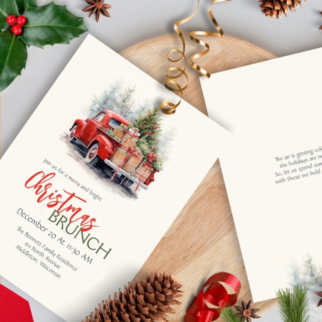 Modern Watercolor Red Truck Grün Weihnachten Party Einladung (Von Creator hochgeladen)