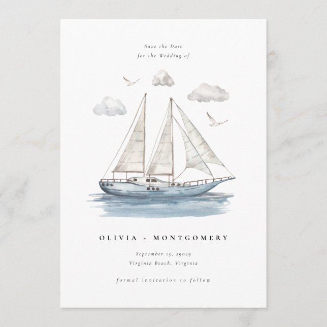 Modern Watercolor Sailing Yacht Save the Date  Einladung (Vorderseite)