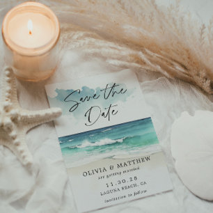 Modern Watercolor Script Ocean Beach QR Code Save The Date