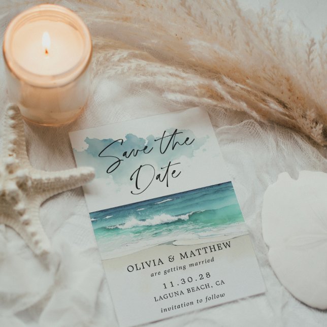 Modern Watercolor Script Ocean Beach QR Code Save The Date (Von Creator hochgeladen)