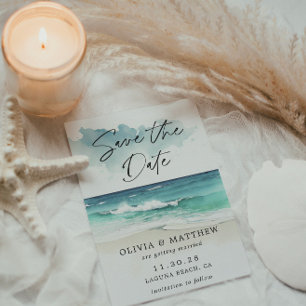 Modern Watercolor Script Ocean Beach QR Code Save The Date