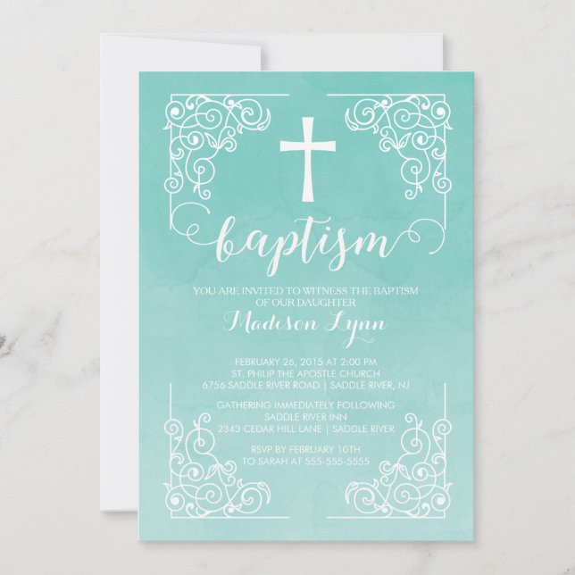 Modern Watercolor Taufe Christening Cross Einladung (Vorderseite)